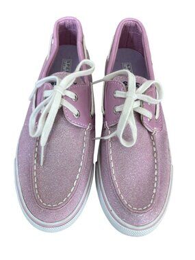 Sperry Womens Pink Glitter Boat Shoes Size 7M With White Laces And Rubber Soles